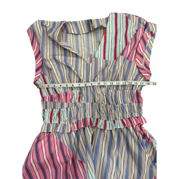 Anthropologie V-Neck Striped A-Line Mini Dress Elastic-Waist Cotton Women Size L - Picture 6 of 8